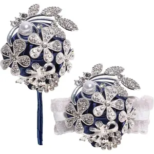 Wrist Corsage with Peal and Rhinestone Corsage and Boutonniere Set for Wedding,Prom,(Silver Navy Blue,2 Pieces)