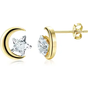 Sanfenly 1 Pair Gold Moon Star Stud Earrings 925 Sterling Silver Earrings for Women Austrian Cubic Zirconia Cartilage Earrings 8MM Moon Earrings