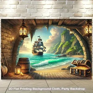 2D Flat, 1pc Pirate Ship at Secret Bay Backdrop Banner - Tropical Pirate Theme Party Decor with Treasure Chest & Lanterns - No Electricity Needed, Easy Hang Pirate Birthday, Halloween, Treasure Hunt Decoration - Durable Polyester Fabric for