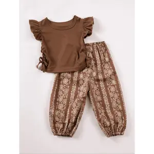 Toddler Girl's Ditsy Floral Print Frill Trim Ruffle Tee & Pants Set, Casual Soft Comfy Short Sleeve T-shirt & Trousers for Summer, Kids Clothes for Daily Wear