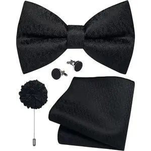 Bow Ties for Men Solid Pretied Bowties Adjustable Silk Woven Lapel Pin Cufflinks Pocket Square Set Wedding Tuxedo