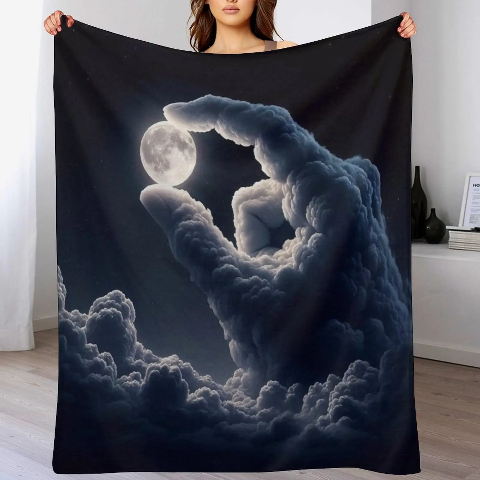 Soft Flannel Portable Fantasy Cloud Moon Print Fleece Throw Blanket - Surreal Celestial Night, Starry Night Hanging Decor, Mystical Dreamy Style Indoor/Outdoor Home Decor Supplies Bedding, Cloud Moon Art