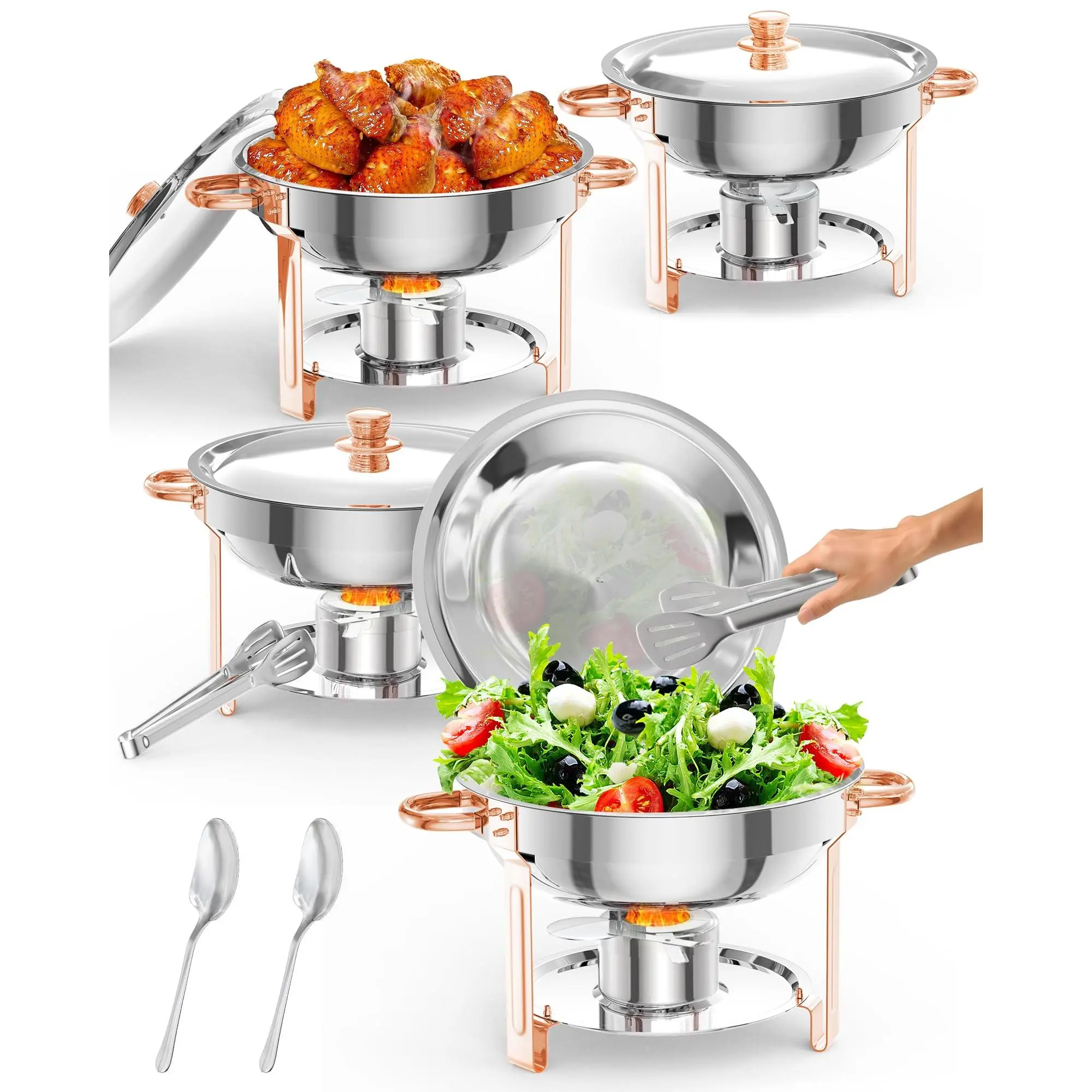 Chafing Dish for Buffet 4 Pack, 5QT Round Chafing Dishes Buffet Set w/Lid Holder, Stainless Steel Chafers and Food Warmers with Spoon and Tweezers for Parties, Weddings, Events, Rose Gold