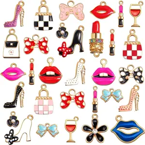 X-BY59  50 Pieces Enamel Charms for Bracelet Jewelry Making Women Makeup Earrings Lipstick Craft Pendant High Heel Designer Charms Mixed Gold Plated Wallet Flower Bow Items for DIY Necklace