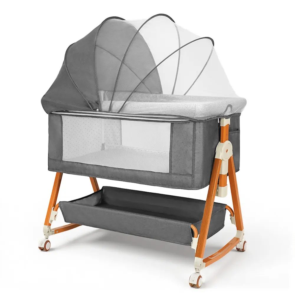 Baby Bassinet Sleeper, 6 Height Adjustable Cribs, Easy to Fold Portable Crib Side Bassinet, Swing Cradle Bed Side Sleeper with Ventilated Net&Wheels