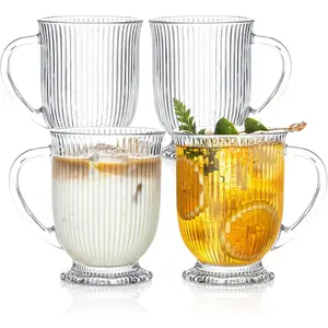 Elegant 4-Pack Ribbed Glass Coffee Mugs with Handle Clear Large 16 Oz Durable Espresso Cups Stylish Drinkware Set for Hot & Cold Beverages