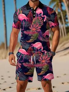 Men's summer suit with fun flamingo print short-sleeved polo shirt, shorts set - Hawaiian beach vacation suit, stylish casual suit