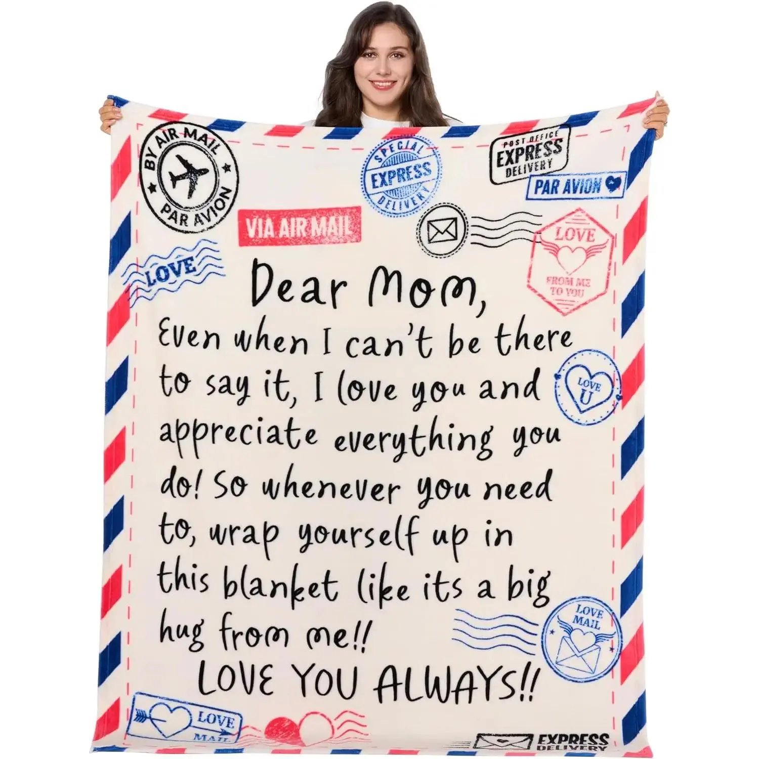 Dear Mom Big Hug Durable Vintage Print Fleece Throw Blanket - Soft Fast Dry Postcard-Style Gift for Mom from Daughter or Son, Indoor-Outdoor Use