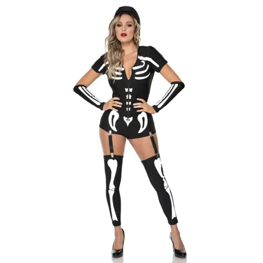 Women's Sexy Skeleton Costume Set, 3-Piece Halloween Dress Up Clothes, Short Sleeve Romper with Garters and Matching Accessories, Print, Pieces