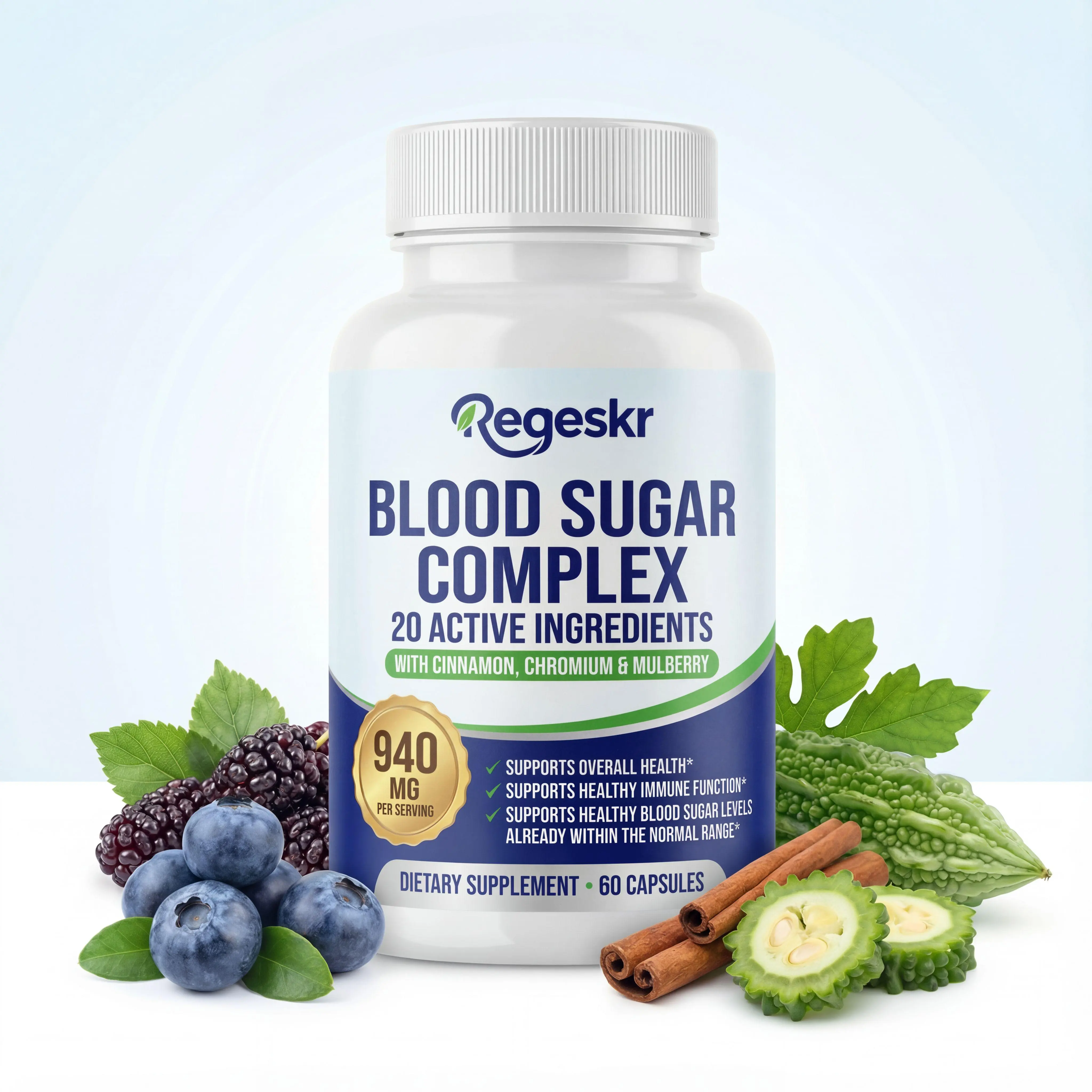 Regeskr Blood Sugar Complex Supplement - 940mg with Cinnamon & Mulberry - Supports Overall Health & Immune - 60 Capsules
