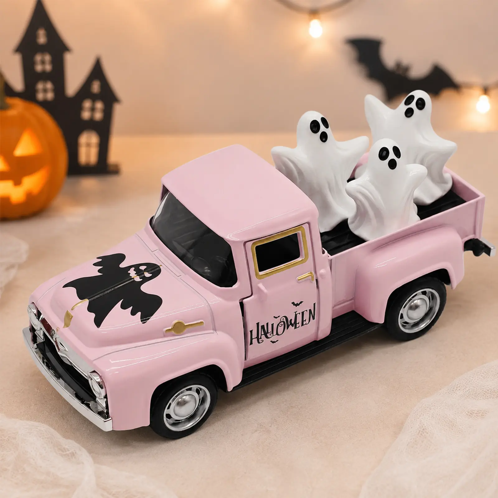 Pink Halloween Ghost Truck Decor with Spooky Cute Ghost Figurines | Halloween Decorations Indoor for Table Centerpiece Tiered tray Shelf Mantel Desk Fall Decor, Halloween Party Decorations