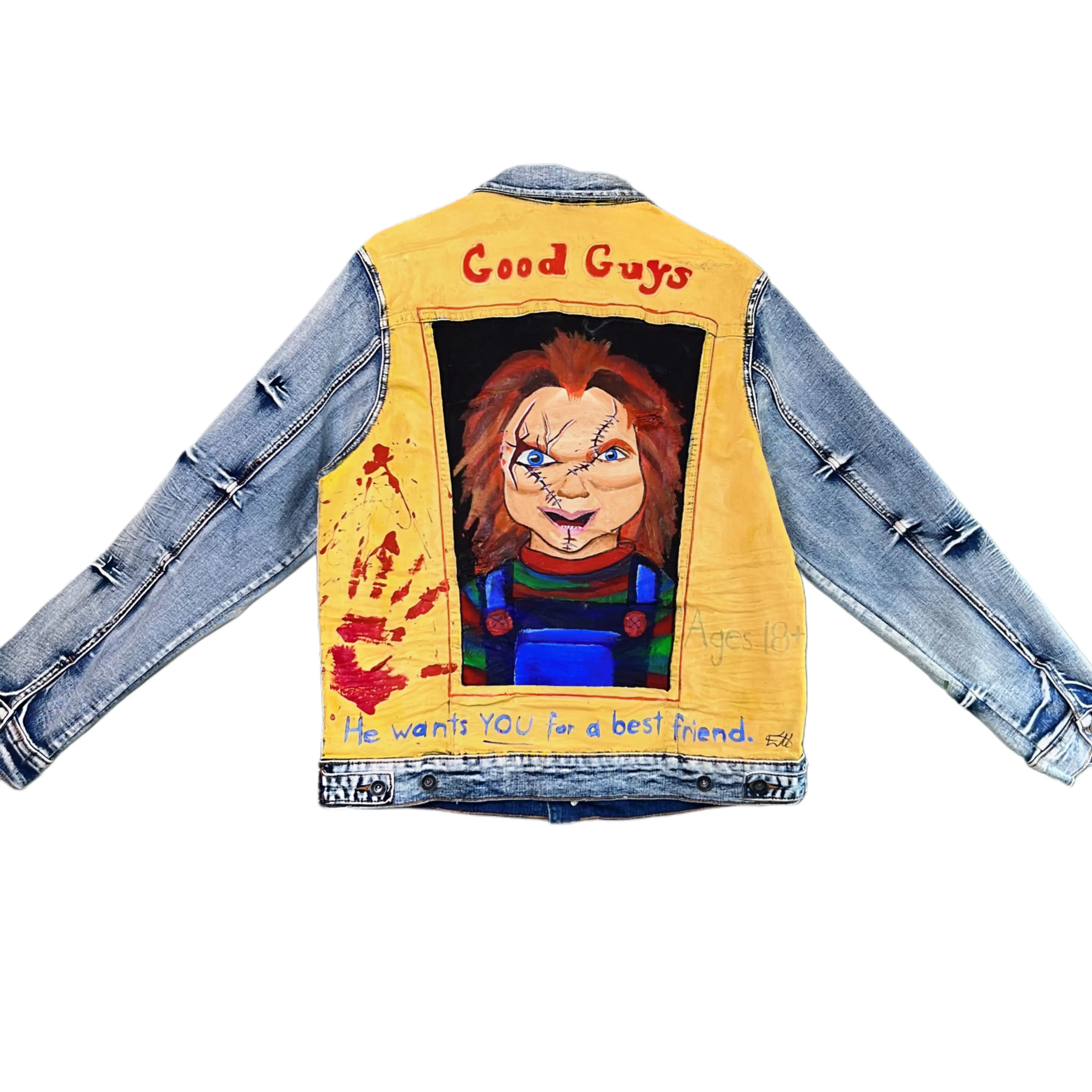GOOD GUY DOLL Custom Denim Jacket Hand-Painted Acrylic Art Large Size Streetwear Unique Artistry