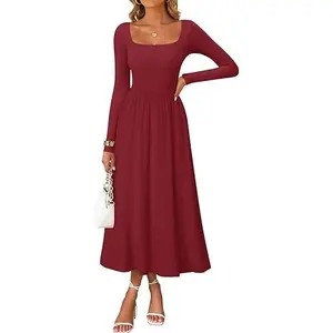 ZESICA Fall Dresses for Women 2025 Elegant Classy Square Neck Long Sleeve Flowy Wedding Guest Party Midi Dress