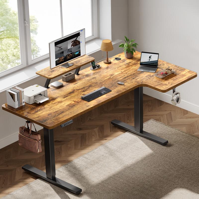 63" L-Shaped Electric Standing Desk with Ergonomic Monitor Shelf & Memory Controller for Home Office & Gaming Workstation