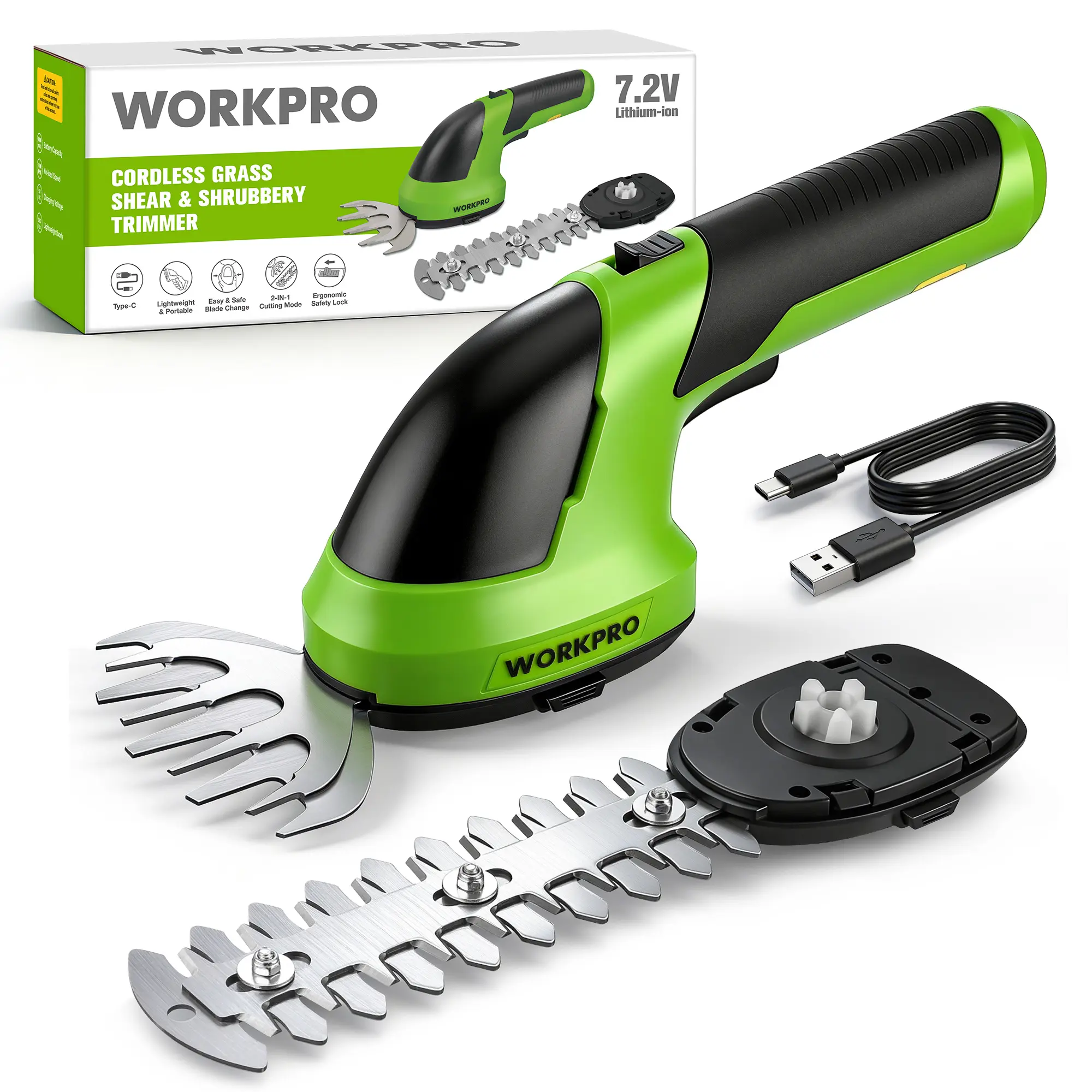 #summersale WORKPRO Cordless Grass Shear & Shrubbery Trimmer - 2 in 1 Handheld 7.2V Electric Grass Trimmer Hedge Shears/Grass Cutter Rechargeable Lithium-Ion Battery and Type-C Cable Included