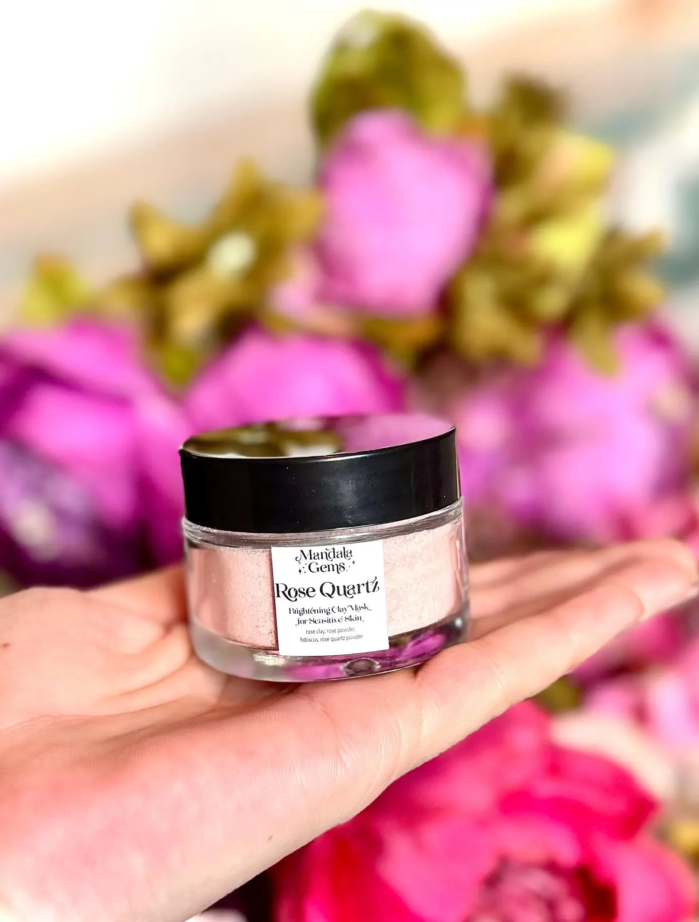 Organic Rose Quartz French Pink Clay Face Mask with Rose & Hibiscus 2 oz for Radiant Skin