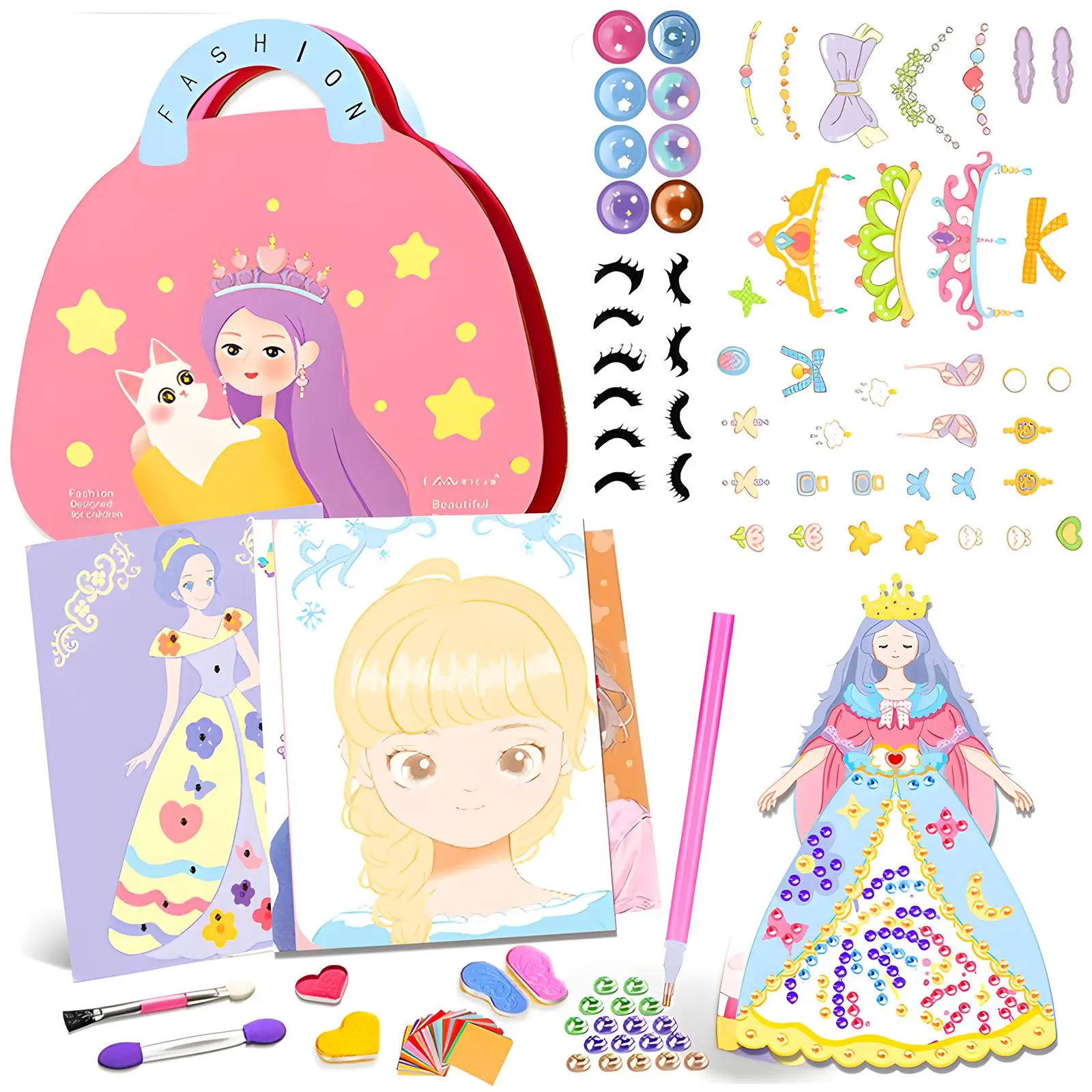 Princess Paper Dolls Diamond Art Kits - Foil Art Craft Book Set with Tweezers, Action Elements, Face Makeup, Jewelry Stickers, Interactive Play, Fashion Design, Easter Handcraft Educational Toy for Girls, Improves Concentration-wjlm