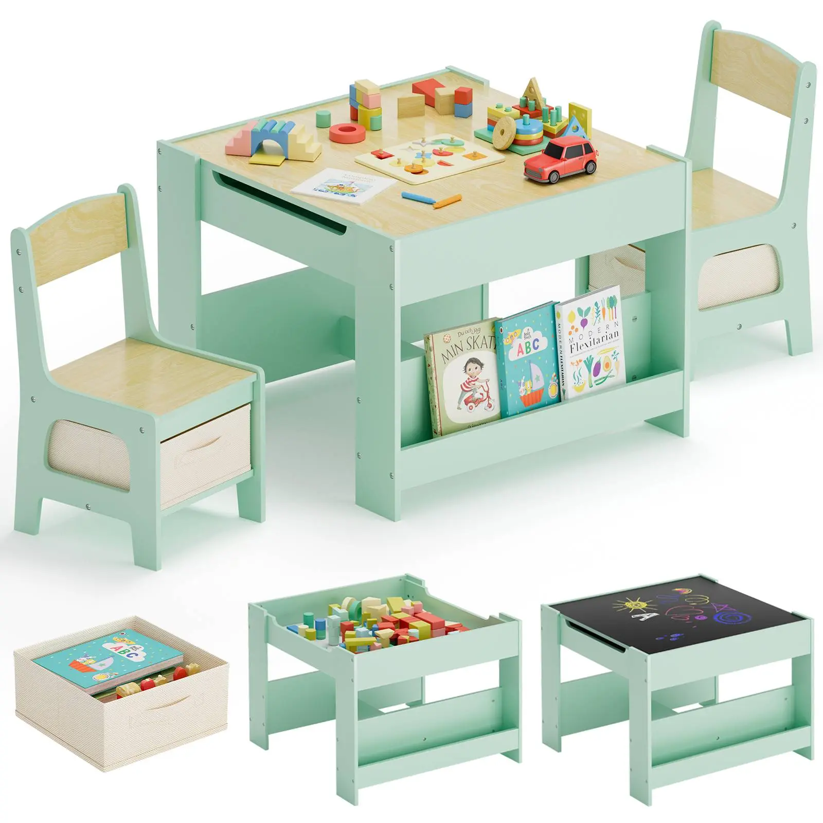 Arlopu Kids Table and Chairs Set, 4 in 1 Toddler Art Desk with Storage Drawer, Wooden Activity Deskboard, Blackboard, Reversible & Detachable Tabletop, Bookshelf for Drawing, Reading homeessentials