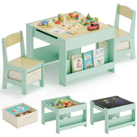 【TiktokShopStockUp】Arlopu Kids Table and Chairs Set, 4 in 1 Toddler Art Desk with Storage Drawer, Wooden Activity Deskboard, Blackboard, Reversible & Detachable Tabletop, Bookshelf for Drawing, Reading