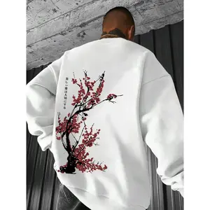 Men’s fleece sweatshirt with plum blossom tree print, drop shoulder, loose casual fit, long sleeves, round neck pullover for autumn and winter—men’s clothing for everyday wear