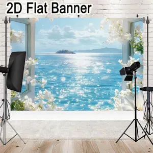 2D flat banner, 1pcCoastal View White Wooden Window Shutters with Delicate Flowers, Bright Blue Ocean & Rocky Island Decor for Scenic Room Design