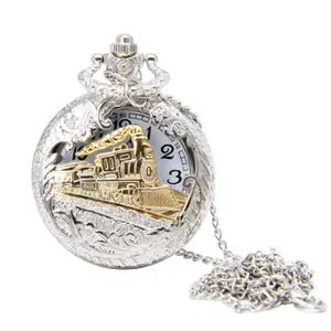 Explorinox Chic Hollow Locomotive Pocket Watch Alloy Quartz Movement 4.5cm Dial 80cm Chain Vintage Necklace Watch for Collection Daily Use