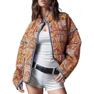 Women's Cropped Puffer Jacket Floral Print Quilted Open Front Lightweight Short Trendy Jacket
