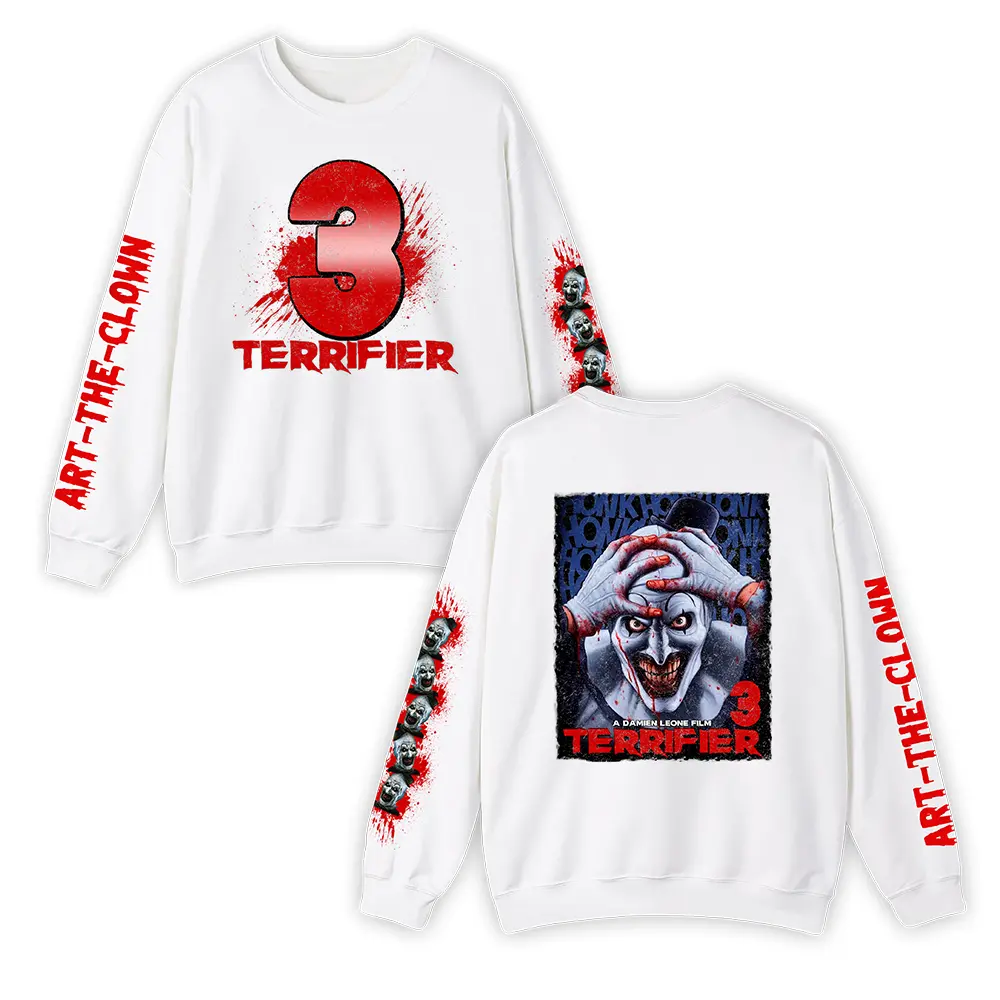 Terrifier 3 Art the Clown Sweatshirt 2 Sides & Sleeves, Vintage Terrifier Halloween Sweater, Horror Movie Terrifier Graphic Hoodie, Scary Killer Character Shirt