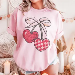 Valentine's Day Checkerboard Print Heart Cherries Tees Checker board Faux Crochet KnitRetro Yarn Sewn Knitted Cherry Graphic Tee Valentine's Day Womens Crewneck Casual Top