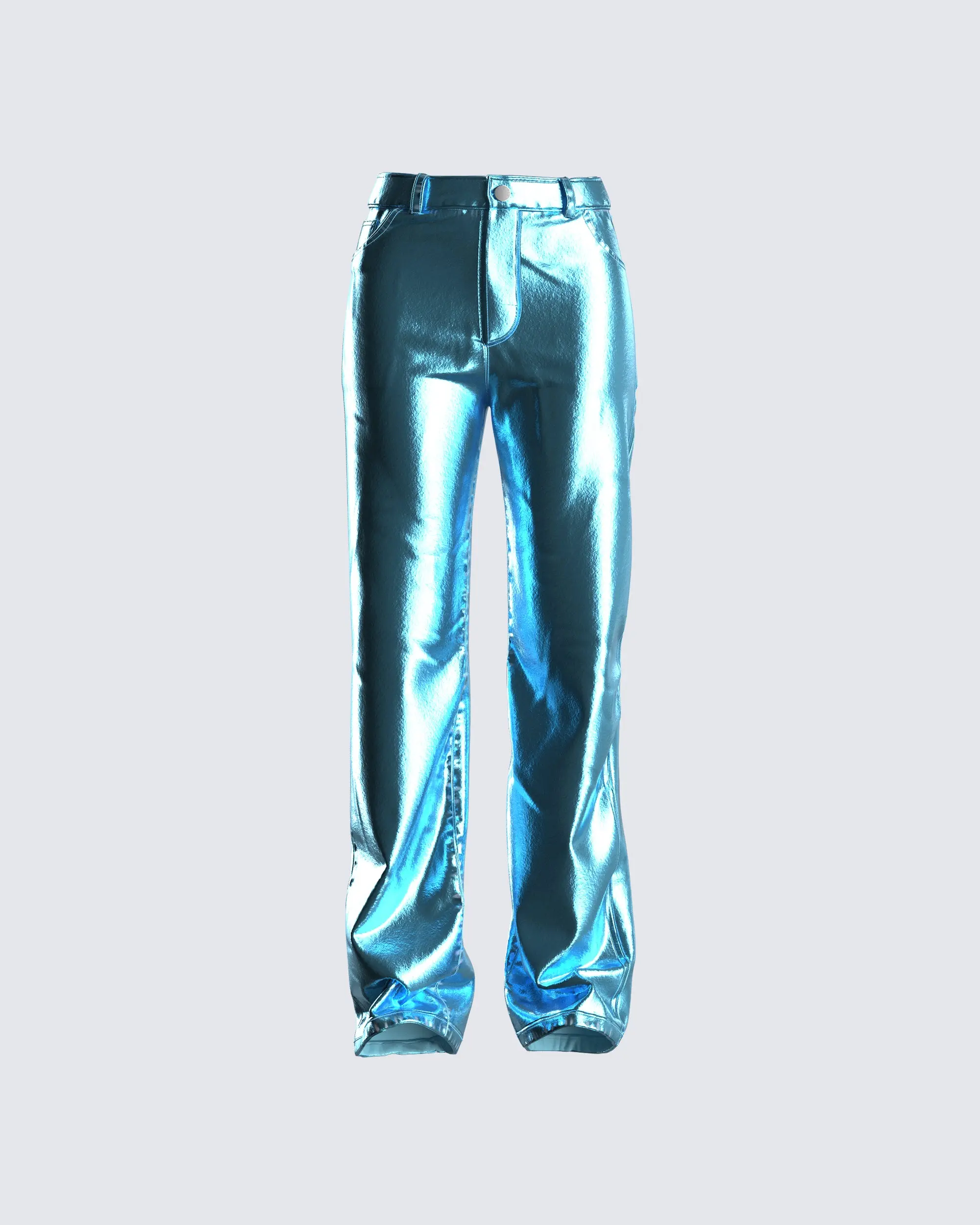 Women's Metallic Blue Pants, Chic High-Rise Straight-Leg Evening Trousers with a Light-Catching Finish and Front Zipper, Chic Pants, Bottom, Night Wear, Metallic Shine
