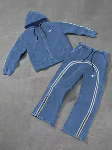 Retro-Style Oversized Tracksuit, Hooded Zip-Up Sweatshirt & Straight-Leg Athletic Sweatpants, Elastic Drawstring, Fall&winter Street Style, Sweatsuits Set