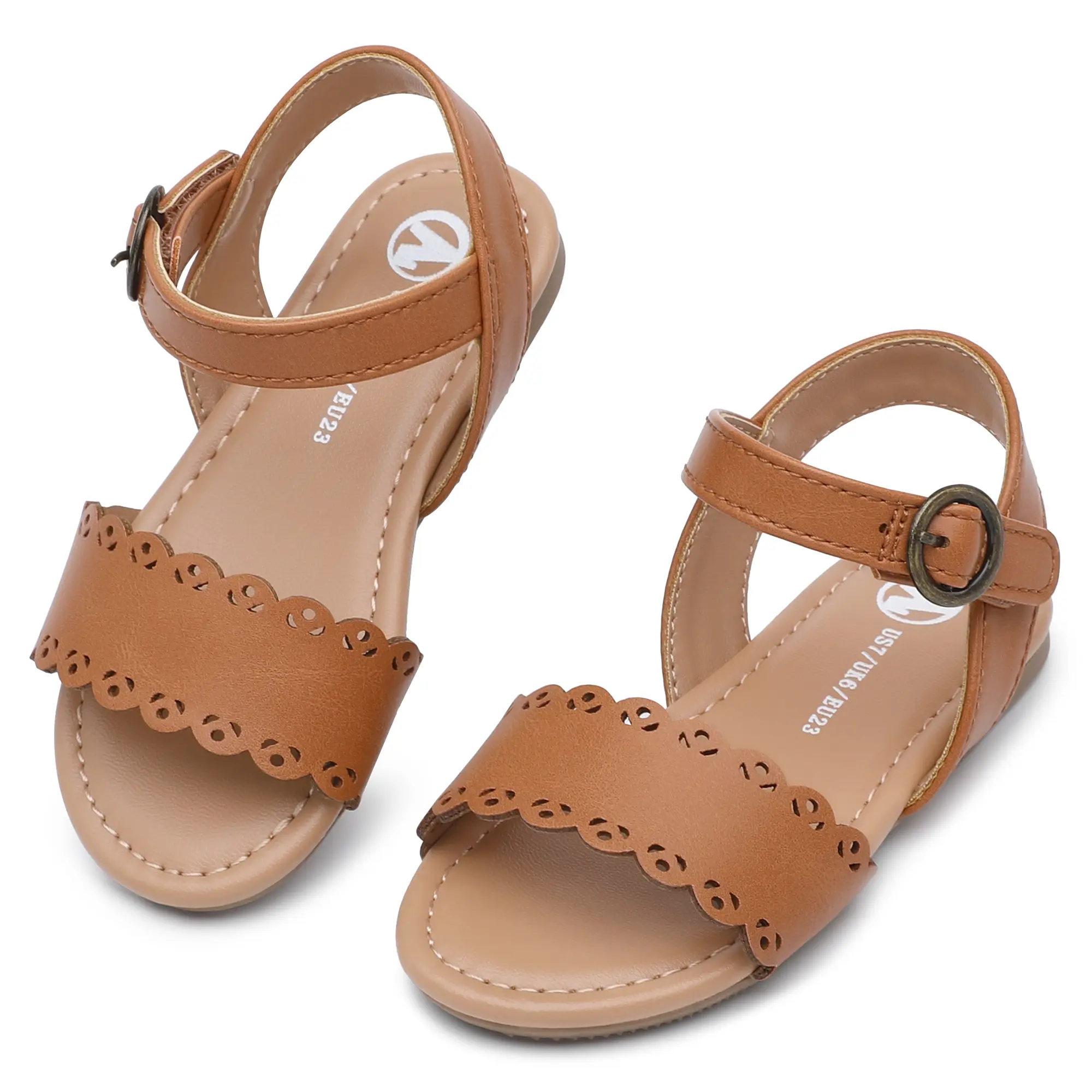 shoeslocker Girls' Scalloped Cutout Flat Sandals in Warm Tan | Sweet & Timeless Summer Style with Hook-and-Loop Ankle Strap & Ultra-Soft ComforN, Faux Leather, Flat Heels tiktokshopbacktoschool