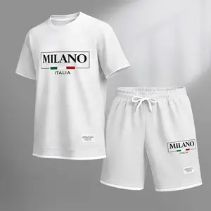 Men's Casual Milano Letter Print Shorts Set, Minimalist Summer Two Piece Outfit, Lightweight Breathable Set for Travel Vacation Daily Wear, Stylish Comfortable Loungewear
