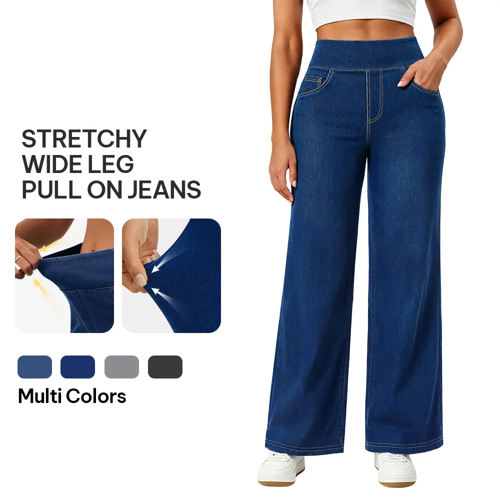 AVAMO Women's High Waisted Wide Leg Relaxed Jeans - Basic, 2000s Aesthetic, Stretchy Comfy Cotton Blend Fabric, Elastic Pull-On Waist, Tummy Control, 5 Pockets, No Zippers-No Buttons, for Work,Casual Outfits, Early 2000S Aesthetic
