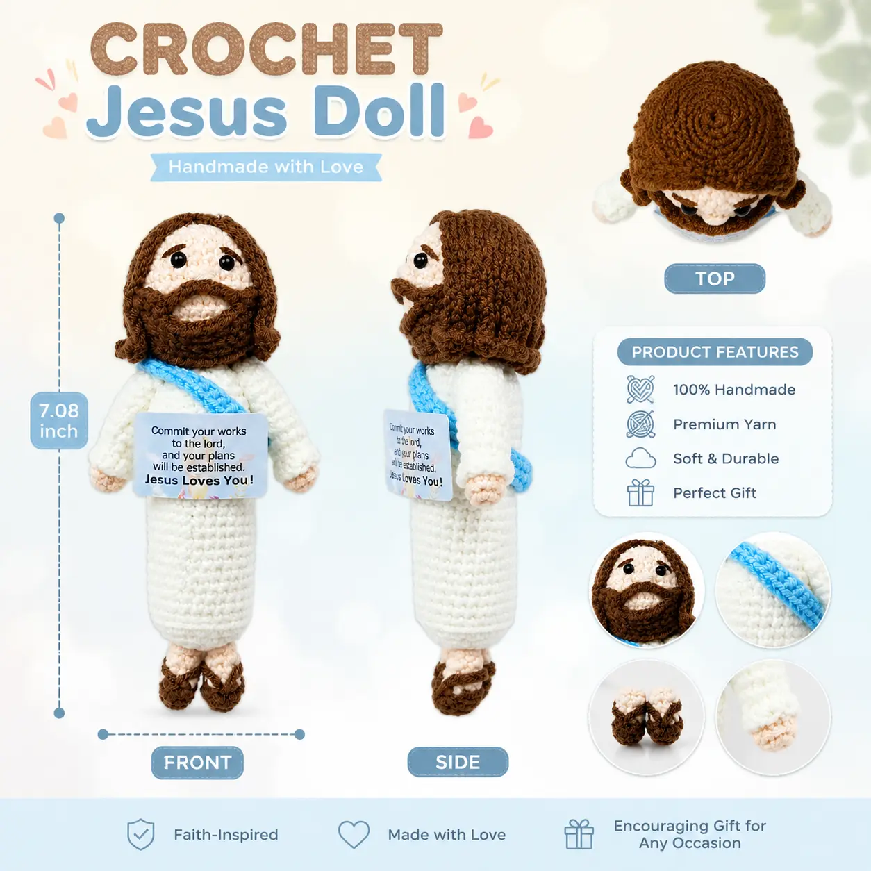 Handmade Amigurumi Crochet Jesus Bear Doll - Religious Stuffed Teddy for Christian Baptism Gift, Soft Knitted Plush Toy for Spiritual Home Desk Decor