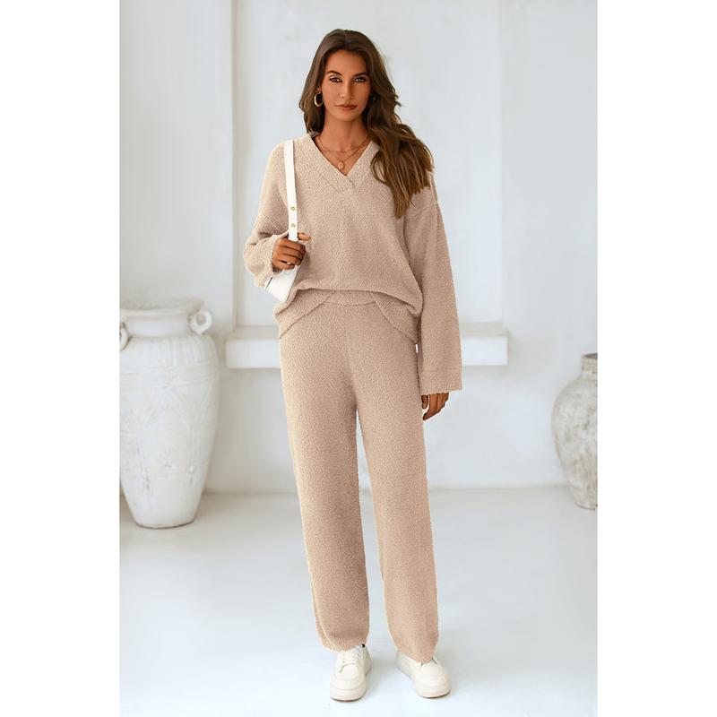 PRETTYGARDEN Women's 2-Piece Lounge Set Soft Chunky V Neck Tops & Wide Leg Long Pants Basic Tracksuit Loungewear Minimalist Homewear Pajama