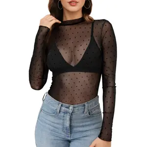 Women's mesh long-sleeved top, lace sheer top, stand-collar polka dot long-sleeved sheer blouse, black polka dot fishnet top
