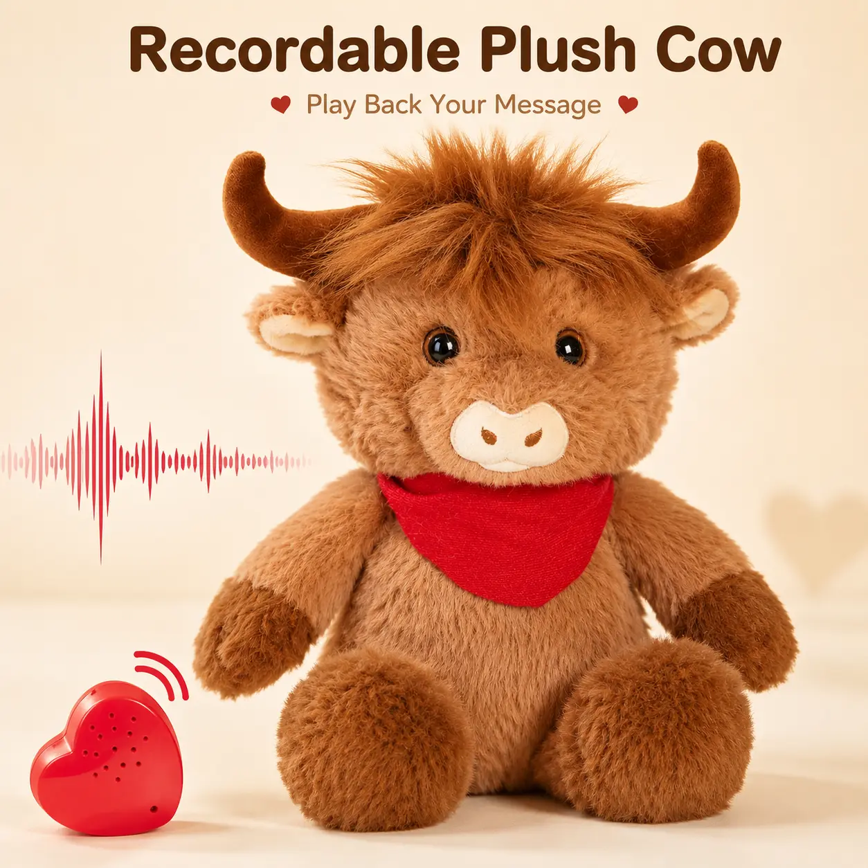 WEWILL 12.5" Highland Cow Plush Toy, Recordable Voice Message Stuffed Animal with Heartbeat Recorder, Soft Talking Cuddle Toy Gift for Kids Girls & Boys