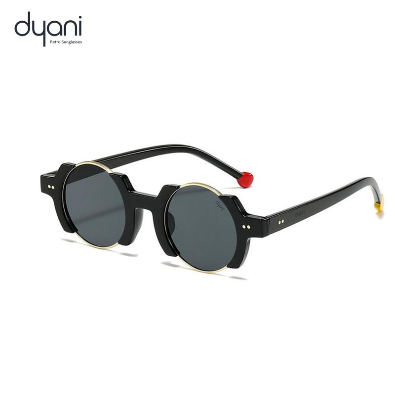Dyani The Orbit Retro Sunglasses - Round Gold Gradient Lenses & Black Polycarbonate Frame with Red & Gold Temple Tips UV400 Protection Unisex Design