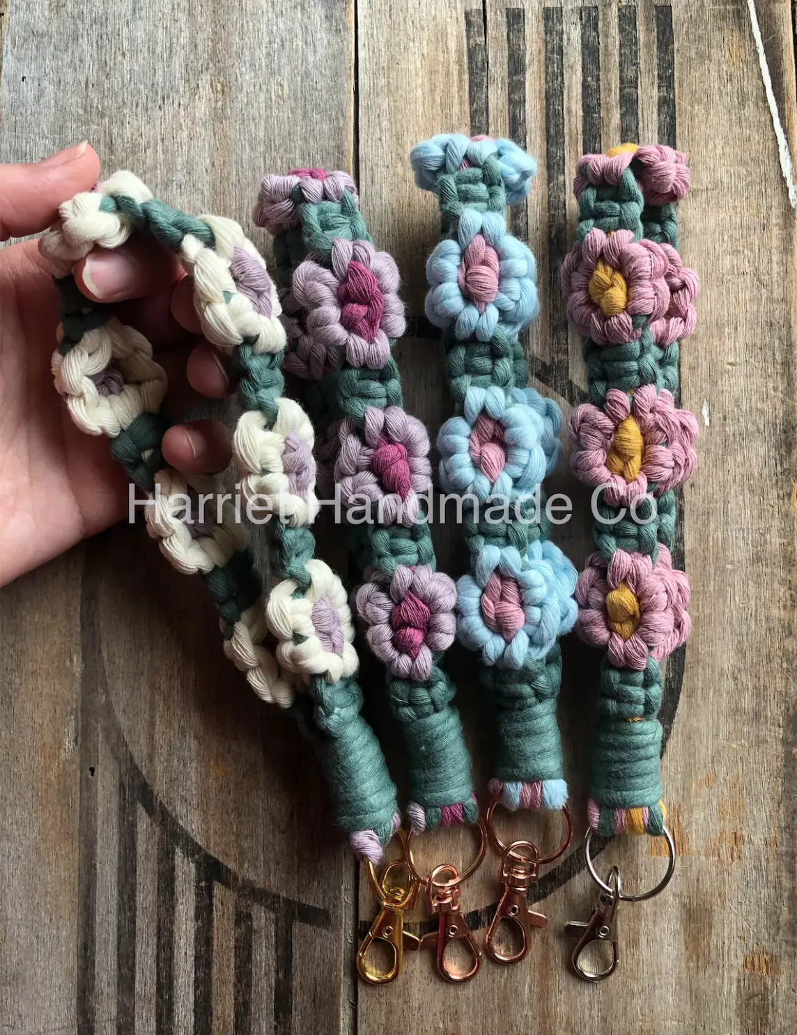 Handmade Daisy Chain Flower Macrame Wristlet Key Chain Clip | bohemian boho accessories bridesmaid gift idea sunflower floral cottagecore