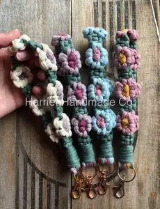 Handmade Daisy Chain Flower Macrame Wristlet Key Chain Clip | bohemian boho accessories bridesmaid gift idea sunflower floral cottagecore