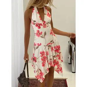 Loreza Halter Asymmetrical Midi Dress Cream Floral