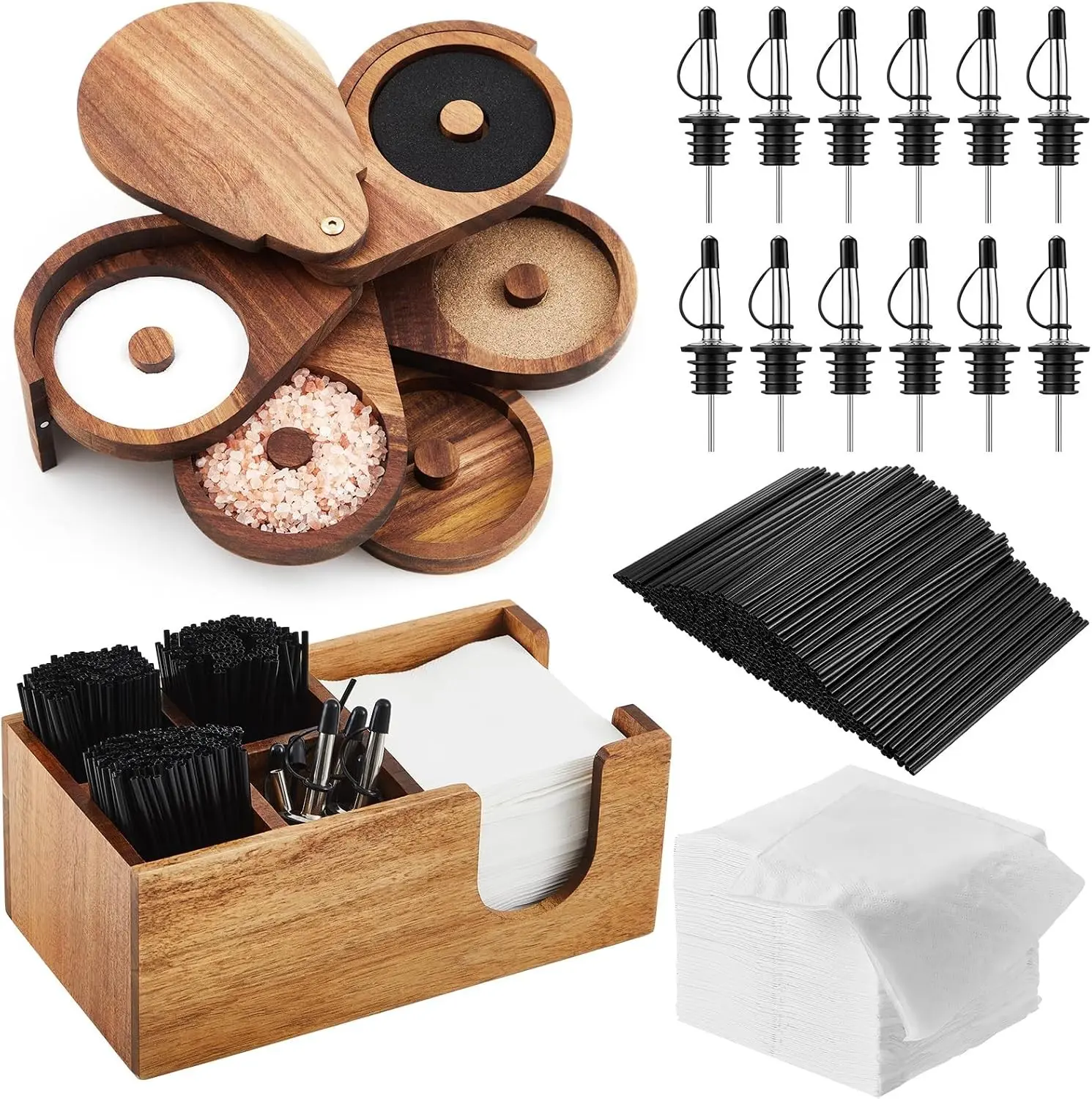 5 Tier Acacia Wood Bar Glass Rimmer Bartender Tool Set with Stainless Steel Bottle Pourers Bar Caddy Coffee Cocktail Stirrers and Napkins