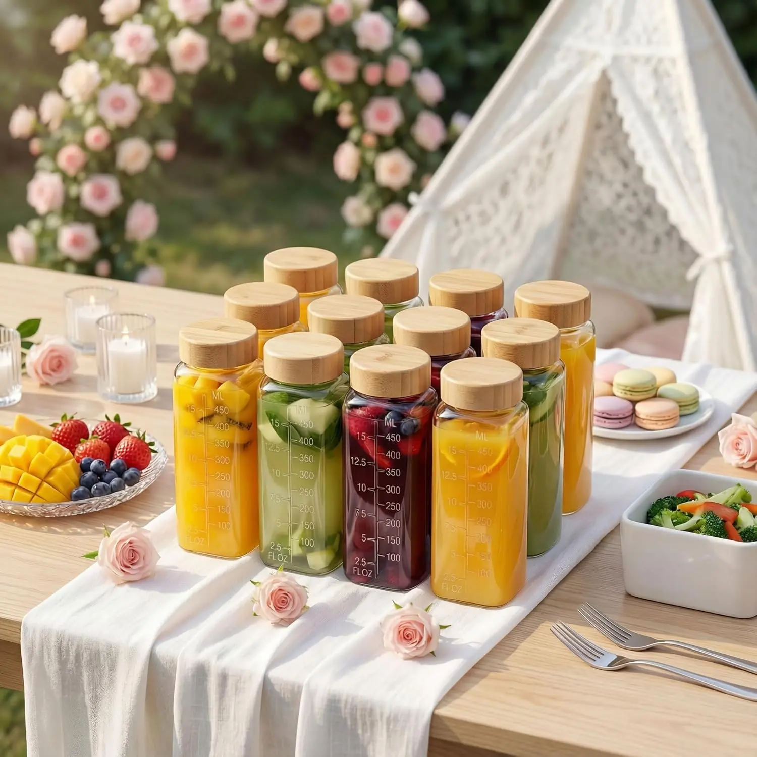 12-Pack Eco-Friendly 16oz Portable Reusable Transparent Square Wide Mouth Glass Drink Bottles with Leakproof Bamboo Lids, 6.7*2.7in Kitchen Storage Set for Home, Commute & Outdoor Enthusiasts’ Daily Beverages, 16Oz - 12 Pack, Office