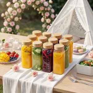 12-Pack 16oz Transparent Square Glass Drink Bottles with Leakproof Bamboo Lids, Kitchen Storage Set for Daily Beverages, 16Oz - 12 Pack