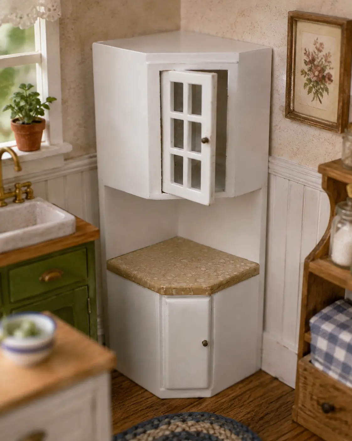 1:12 Miniature Wooden Corner Kitchen Cabinet Dollhouse White Kitchen Storage Furniture