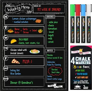 Magnetic Dry Erase Menu Board for Fridge Includes 4 Liquid Chalk Markers - Weekly Meal Planner Blackboard, Grocery List & Notepad for Kitchen Refrigerator - Chalkboard Magnet 15.6" x11.6