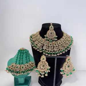 Desi Bollywood Zareena Polki Heavy Necklace Set with Earring, Tikka and Passa