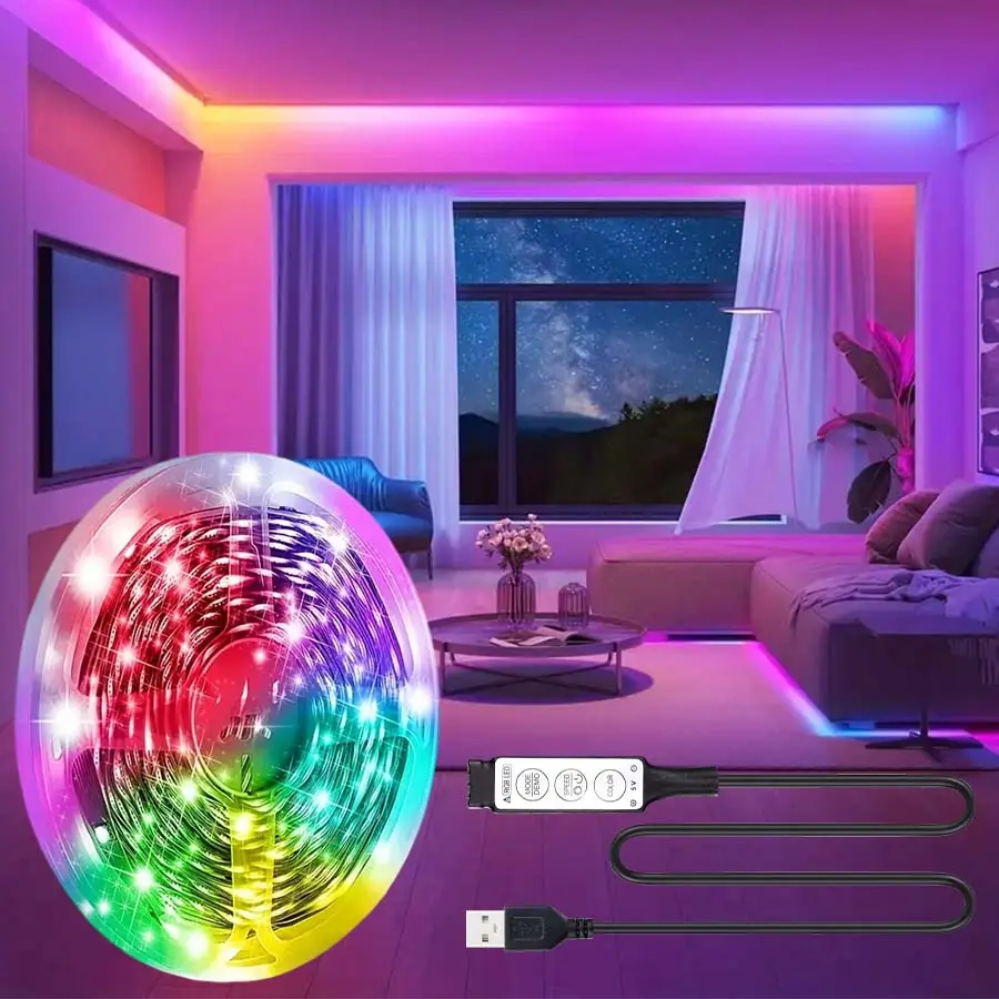 RGB LED Strip Light, Bright Led, RGB Ambient Lighting, RGB Light Effect, USB Powered Flexible Patch Lights for TV Background & Gaming Room Decor, Three-Key Control No Batteries Needed