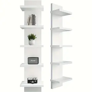 5-layer white PVC plastic wall hanging storage system, Wall mounted organizer, smooth laminate vertical frame, suitable for bedroom/living room/entrance, upgraded tower design, can display jewelry green plants, storage display shelf, Wall Shelf Unit